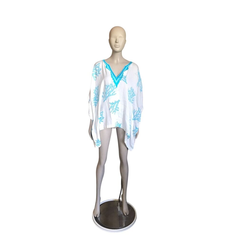 Chico's White and Blue Coral Short Sleeve Top
